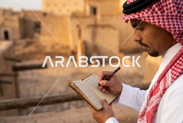 رجل سعودي يكتب في دفتر ملاحظات بموقع تراثي