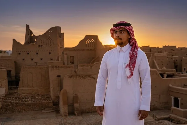 A Saudi man in traditional attire in a heritage village at sunset.