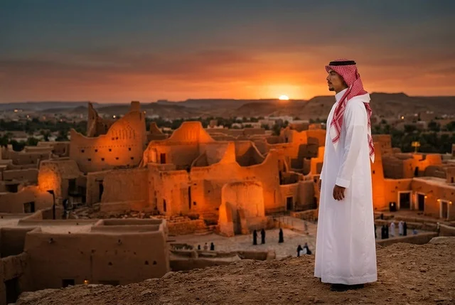 A Saudi man in traditional attire in a heritage village at sunset.