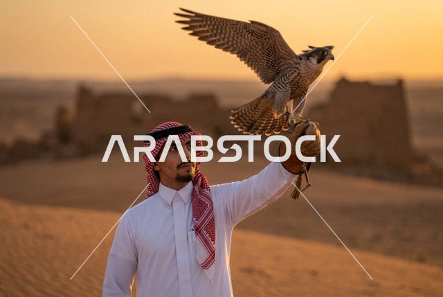 صاحب صقور سعودي يطعم صقره في الصحراء التراثية