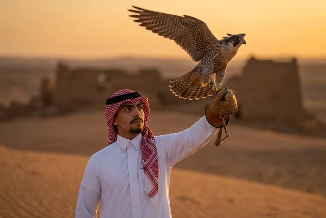 صاحب صقور سعودي يطعم صقره في الصحراء التراثية