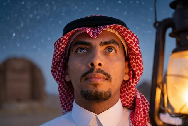 رجل سعودي بالزي التقليدي يحمل فانوساً مضيئاً ليلاً