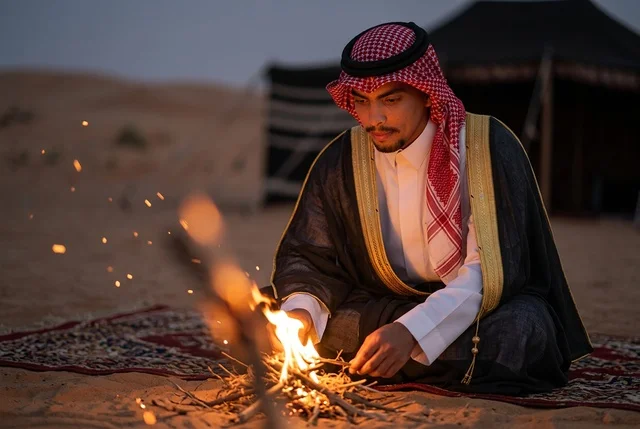 A Saudi man in traditional attire holding a lit lantern at night.