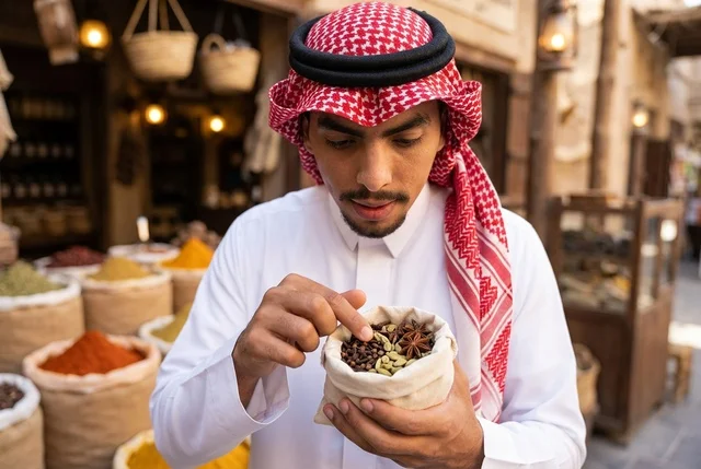 رجل سعودي يرتدي الثوب التقليدي يتلقى هدية في سوق تراثي