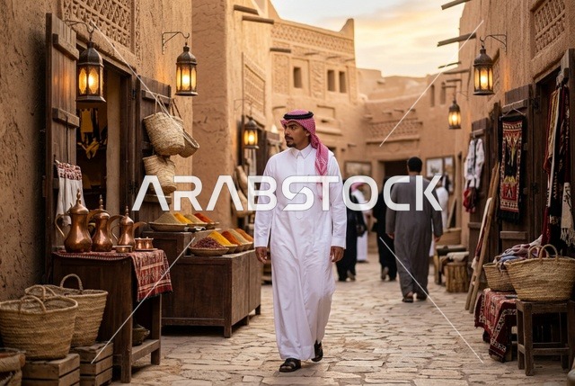 رجل سعودي يسير في زقاق سوق تراثي قديم