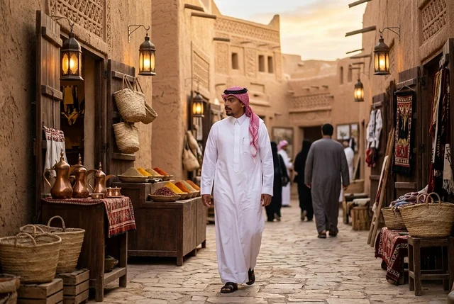 رجل سعودي يسير في زقاق سوق تراثي قديم