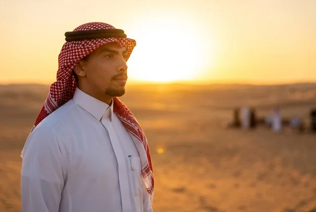 رجل سعودي بالزي التقليدي والشماغ وقت الغروب بالصحراء