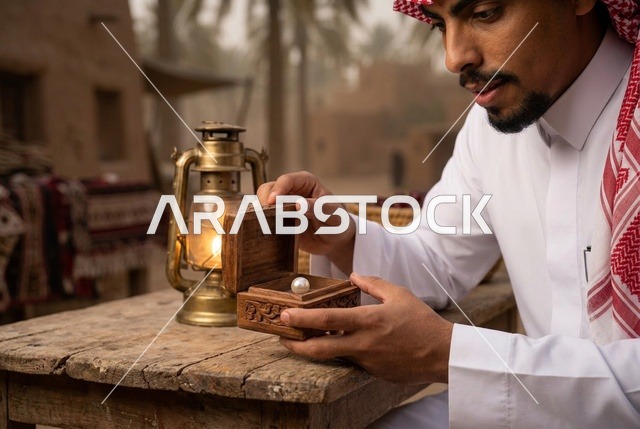 رجل سعودي ينظر إلى لؤلؤة داخل صندوق خشبي تراثي