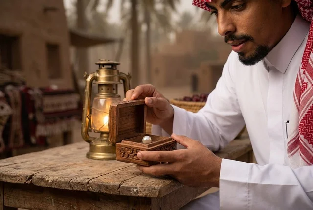 رجل سعودي ينظر إلى لؤلؤة داخل صندوق خشبي تراثي