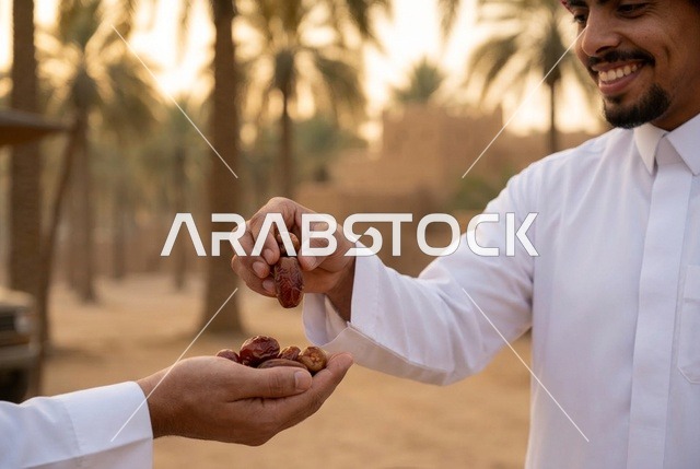 رجل سعودي يحصد التمور الطازجة من مزارع النخيل