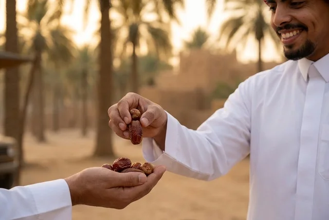 A Saudi man harvests fresh dates from palm farms.