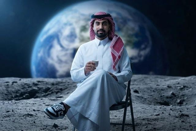 A Saudi man wearing traditional attire is sitting on the surface of the moon.