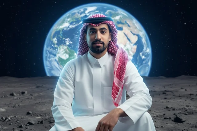 A Saudi man wearing traditional attire is sitting on the surface of the moon.