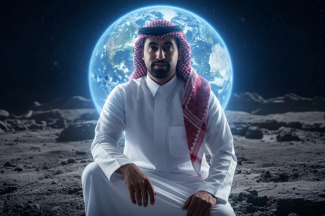 A Saudi man wearing traditional attire is sitting on the surface of the moon.