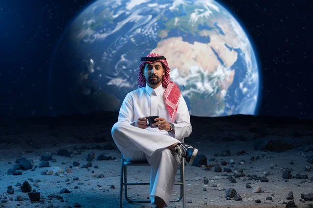 A Saudi man wearing traditional attire is sitting on the surface of the moon.