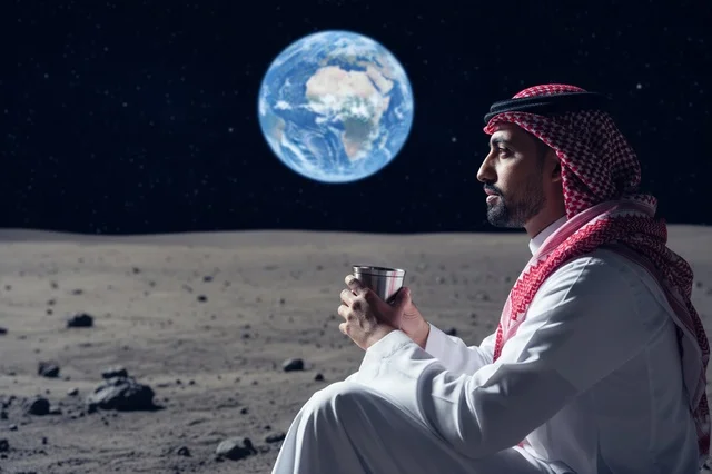 A Saudi man wearing traditional attire is sitting on the surface of the moon. A Saudi man wearing traditional attire is sitting on the surface of the moon.