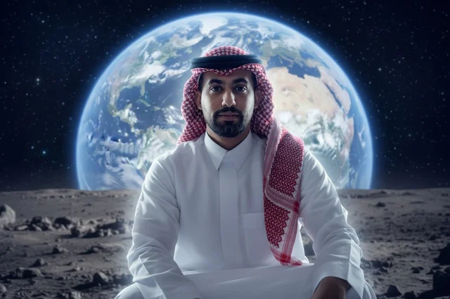 A Saudi man wearing traditional attire is sitting on the surface of the moon.
