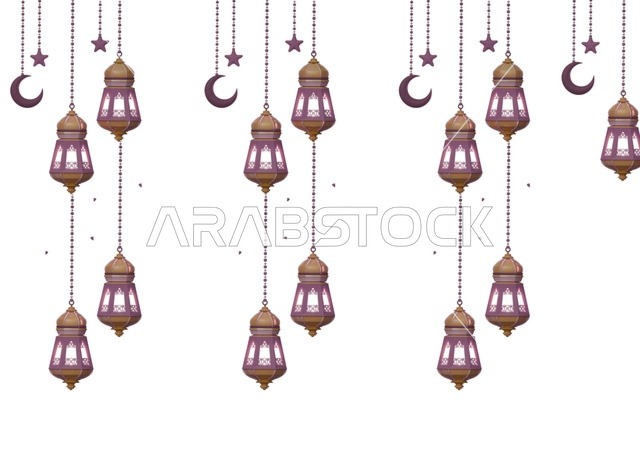فوانيس رمضان إسلامية معلقة مع هلال على خلفية بيضاء