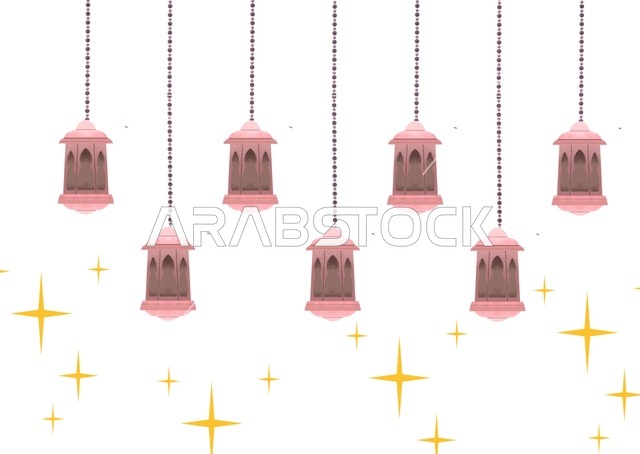 فوانيس رمضان إسلامية معلقة مع نجوم على خلفية بيضاء