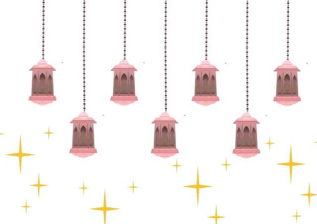 فوانيس رمضان إسلامية معلقة مع نجوم على خلفية بيضاء