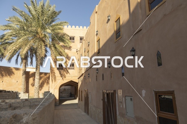 مباني طينية عربية تقليدية مع شجرة نخيل في ممر تراثي