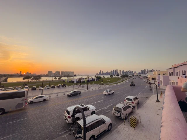 Sunset View of Old Doha Port Road and Doha Skyline