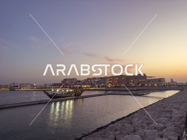 Old Doha Port Qatar Sunset with Traditional Dhow