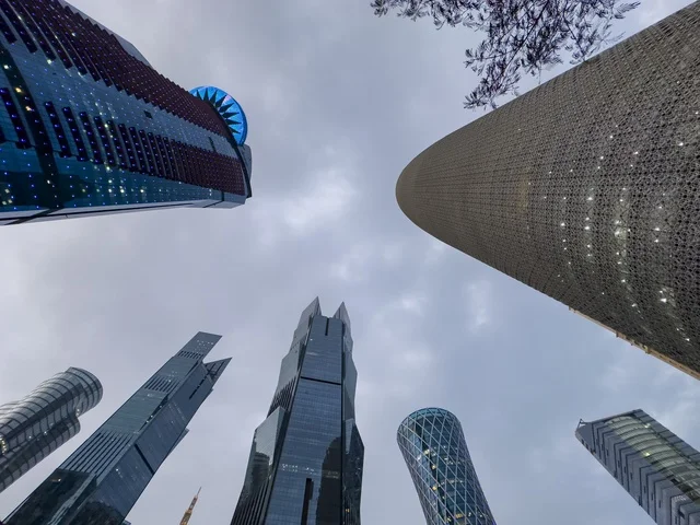 West Bay Doha Skyscrapers in Cloudy Sky Low Angle View