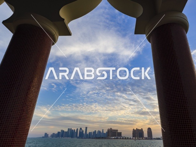 Doha Skyline View from Lusail Park Qatar with Arch