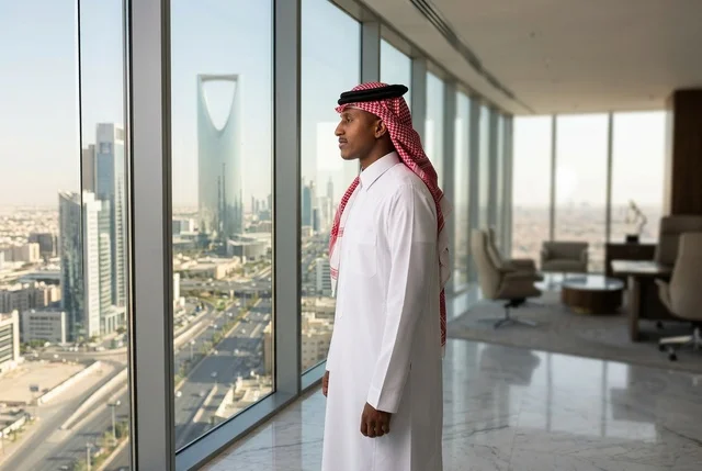 رجل أعمال سعودي في مكتب بالرياض يطل على برج المملكة
