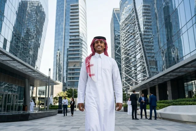 رجل أعمال سعودي يمشي في حي مالي حديث وسط ناطحات السحاب