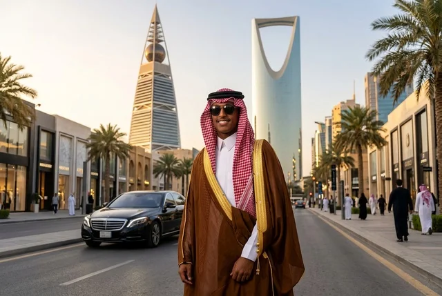 Saudi Man in Traditional Bisht on Riyadh City Street