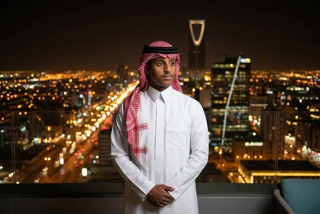 رجل سعودي بالزي التقليدي يطل على أفق الرياض ليلاً