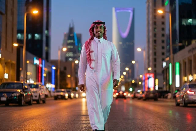 رجل سعودي يمشي في شارع بالرياض ليلا مع برج المملكة