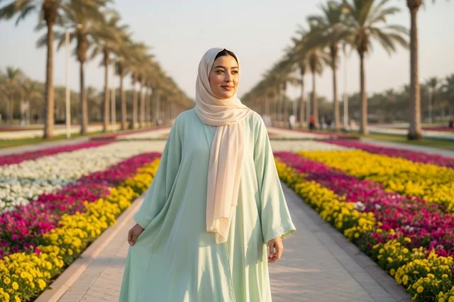 امرأة عربية ترتدي عباءة وحجاب تمشي في حديقة زهور ونخيل امرأة عربية ترتدي عباءة وحجاب تمشي في حديقة زهور ونخيل
