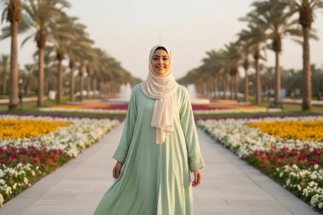 Arab Woman in Green Abaya Standing in a Park Garden