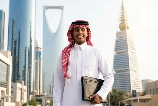 Saudi Businessman in Riyadh Skyline holding Document Folder