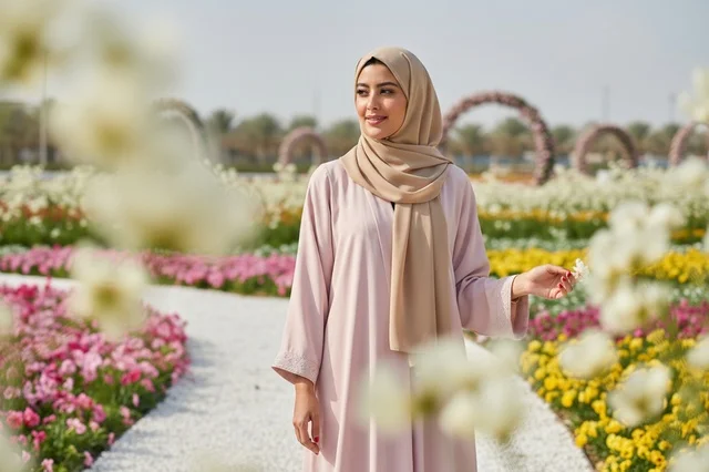Arab Woman in Hijab Standing in a Colorful Flower Garden