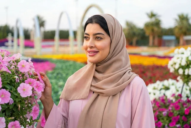 امرأة عربية بالحجاب في حديقة زهور ملونة