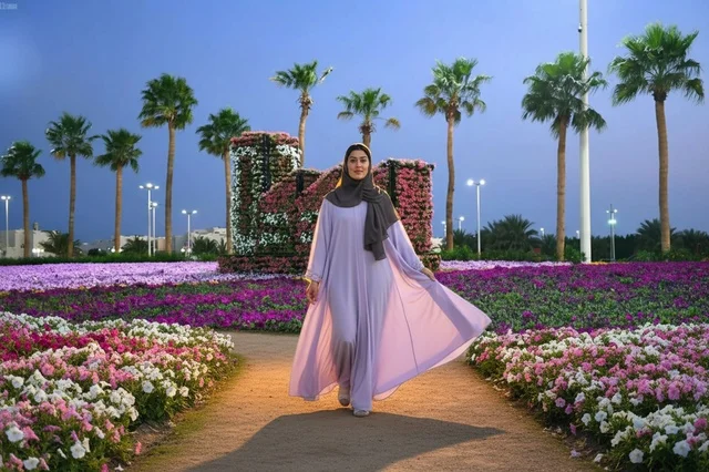 امرأة عربية بعباءة خزامية تسير في حديقة زهور ملونة بالمساء