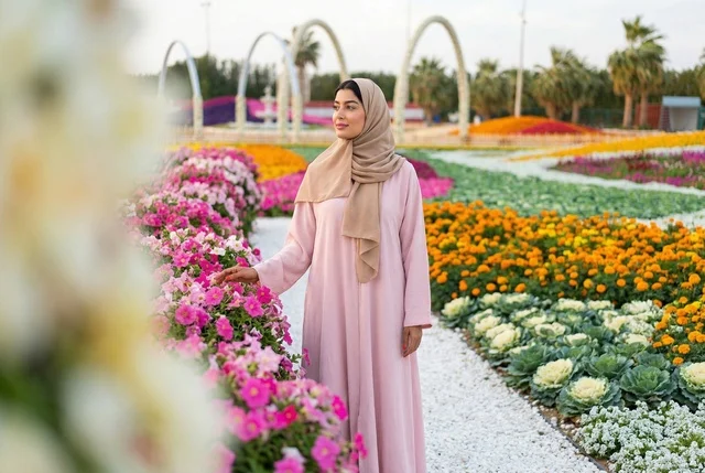 Arab Woman in Pink Abaya in Colorful Flower Garden