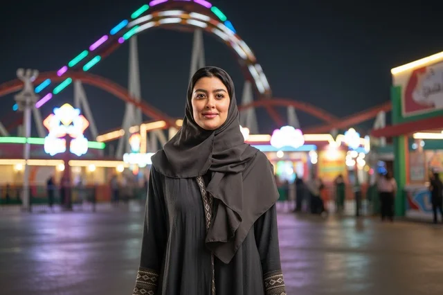 امرأة سعودية بالعباءة والحجاب في مدينة الملاهي ليلاً
