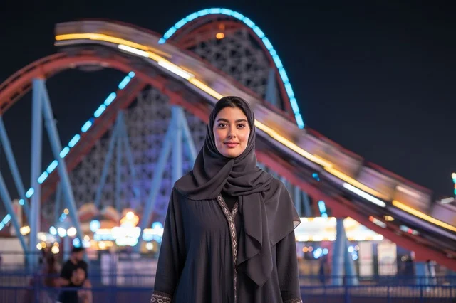 امرأة سعودية بالعباءة في مدينة الملاهي الترفيهية ليلا