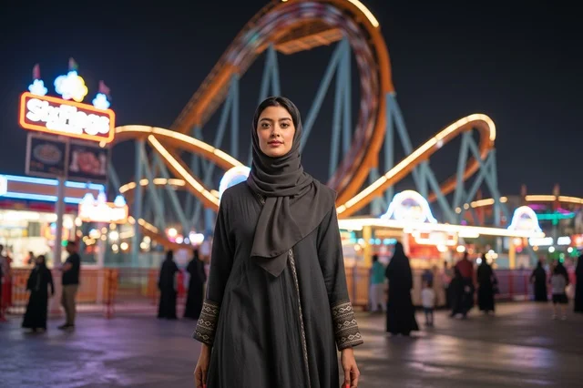 امرأة سعودية بالعباءة في مدينة الملاهي ليلاً