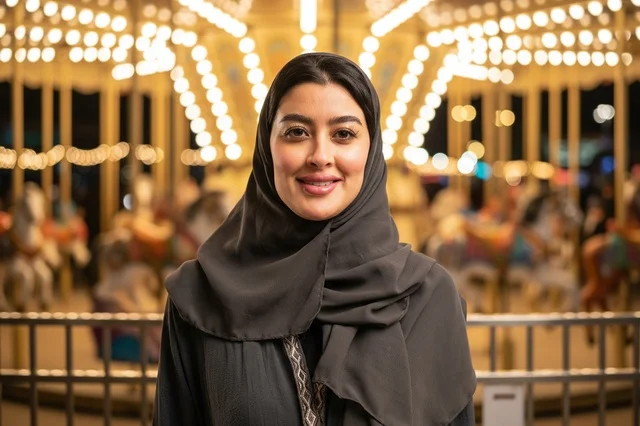 امرأة عربية مبتسمة أمام دوامة الخيل في مدينة الملاهي ليلاً