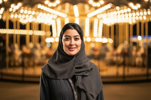 Arab Woman in Abaya at Night Amusement Park Carousel