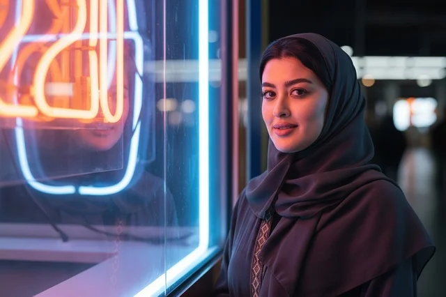 امرأة عربية سعودية تقف بجانب انعكاس أضواء النيون ليلا