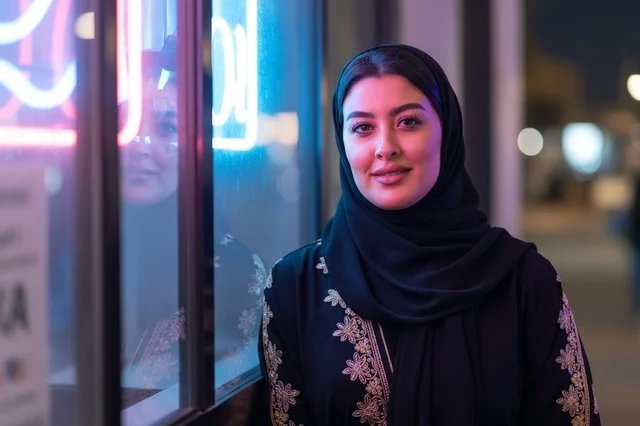 Arab Woman in Hijab Near City Neon Lights at Night
