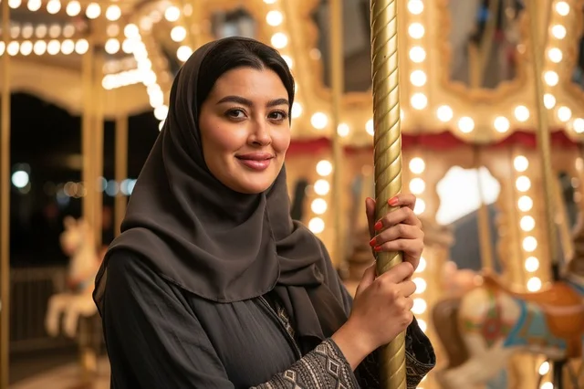 Smiling Saudi Woman in Black Abaya on Carousel at Night