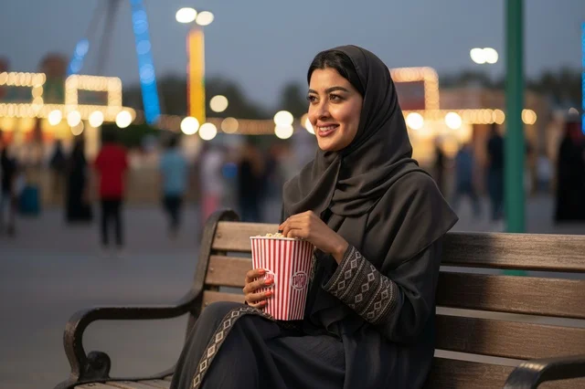امرأة سعودية بالعباءة تأكل الفشار في الملاهي ليلا